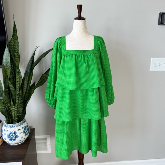 NWT! Square Neck Checkered Tier Layer Bubble Sleeve Dress - Color: Online Lime - Picture 5 of 10
